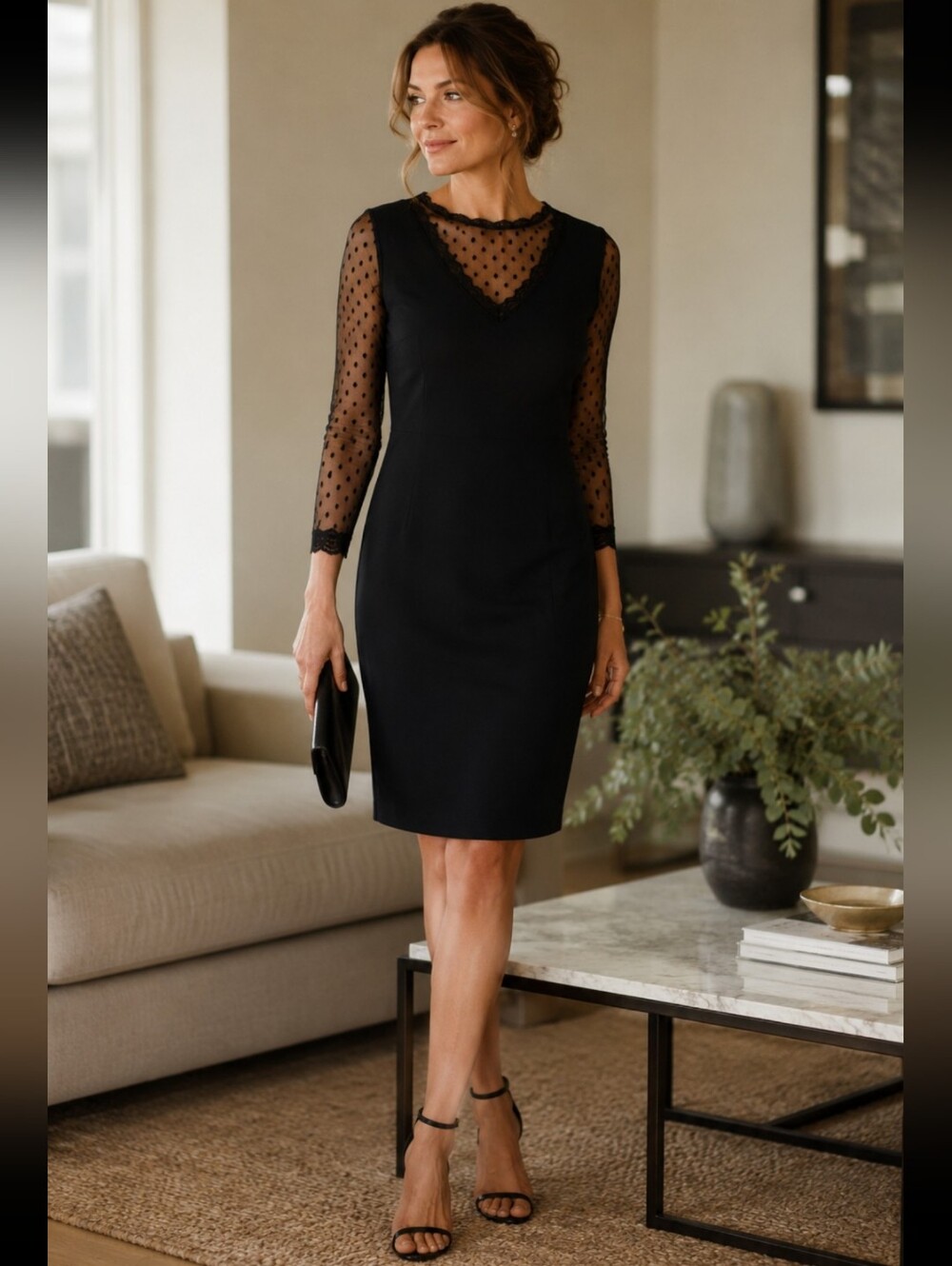Vtg Sears Black Cocktail Dress Sz XL Lace Knee-Length Stretch Dark Romantic Y2K
